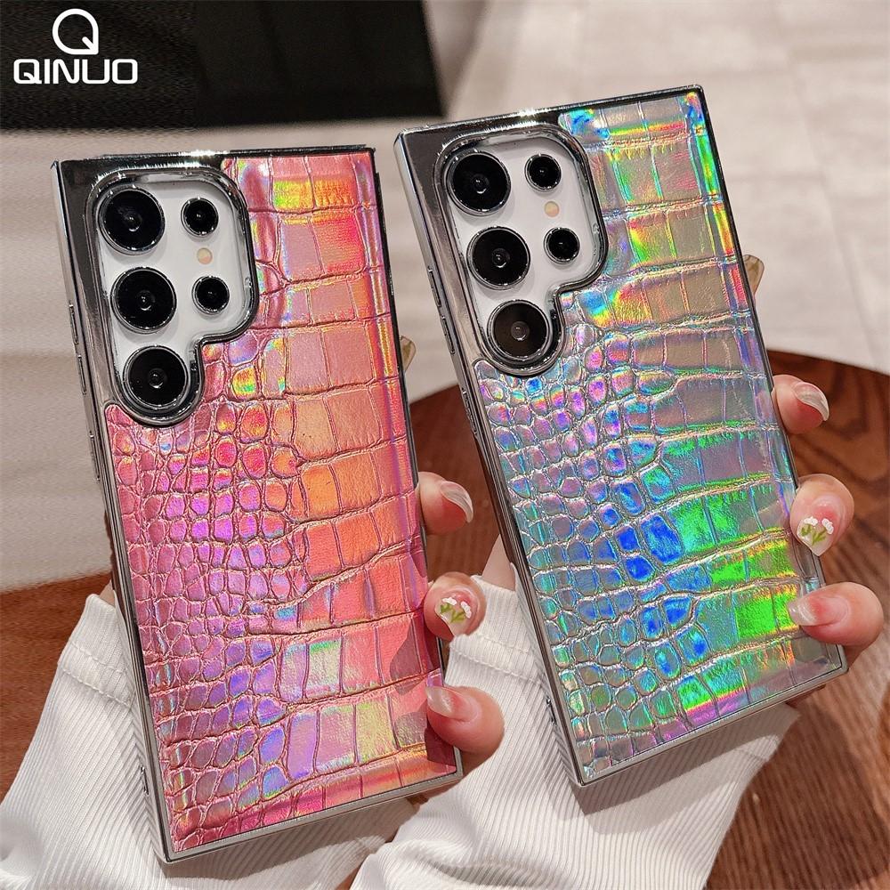 Luxus Gradient Krokodilmuster Leder Laser Hülle Für Samsung Galaxy S25 S24 S23 Ultra Plus Aurora Farbplattierung Hartschale
