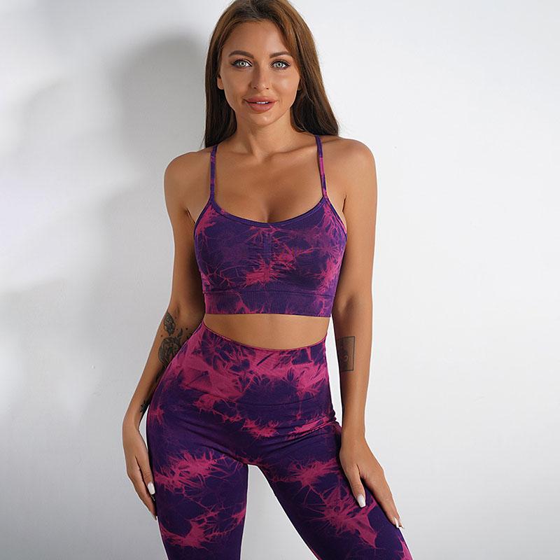 Women Yoga Set High Waist Leggings Seamless Tops Workout Sportswear Fitness Tie Dye Purple Tracksuit