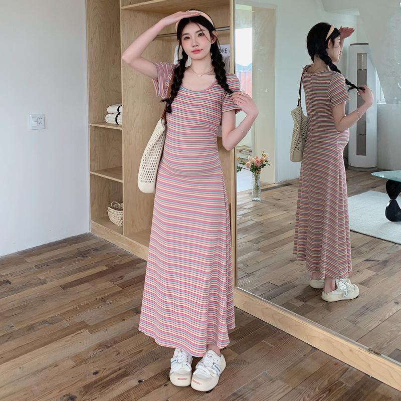 2026 Summer Korean-Style Maternity Dress with French Stripes and Tummy Slimming Design M