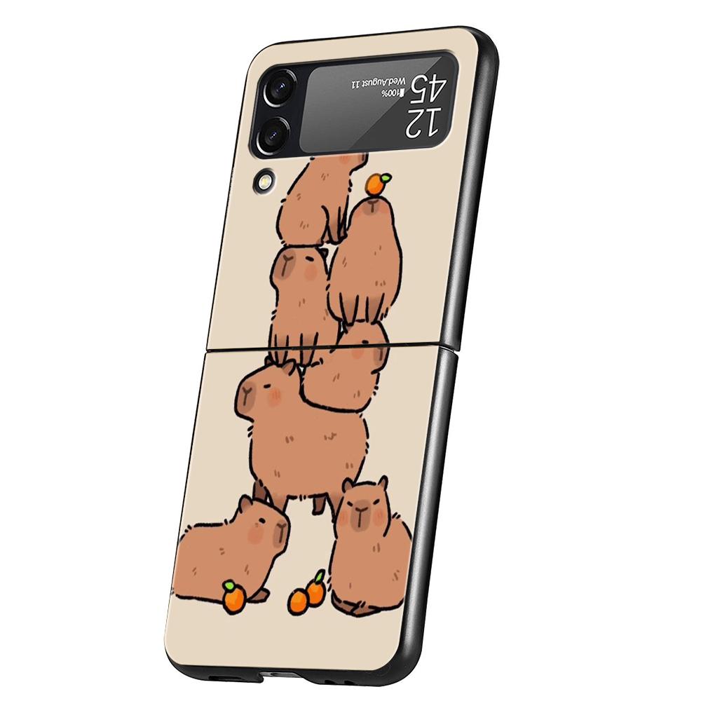Cartoon Capybara Hard PC Phone Case For Samsung Galaxy Z Flip 5 4 3 Black Cover For Galaxy Z Flip 6 Foldable Shockproof Case Bag