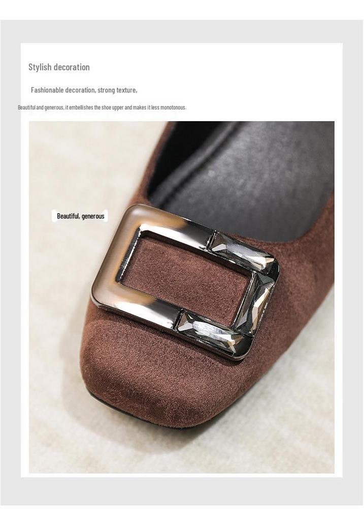 2026 Spring/Summer Suede Chunky Heel Pumps with Square Toe & Rhinestone Buckle