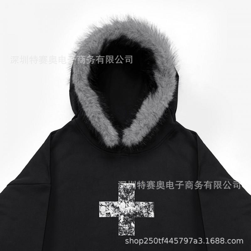 Y2K Faux Fur Hooded Sweatshirt Unisex Streetwear Gothic Pullover Top
