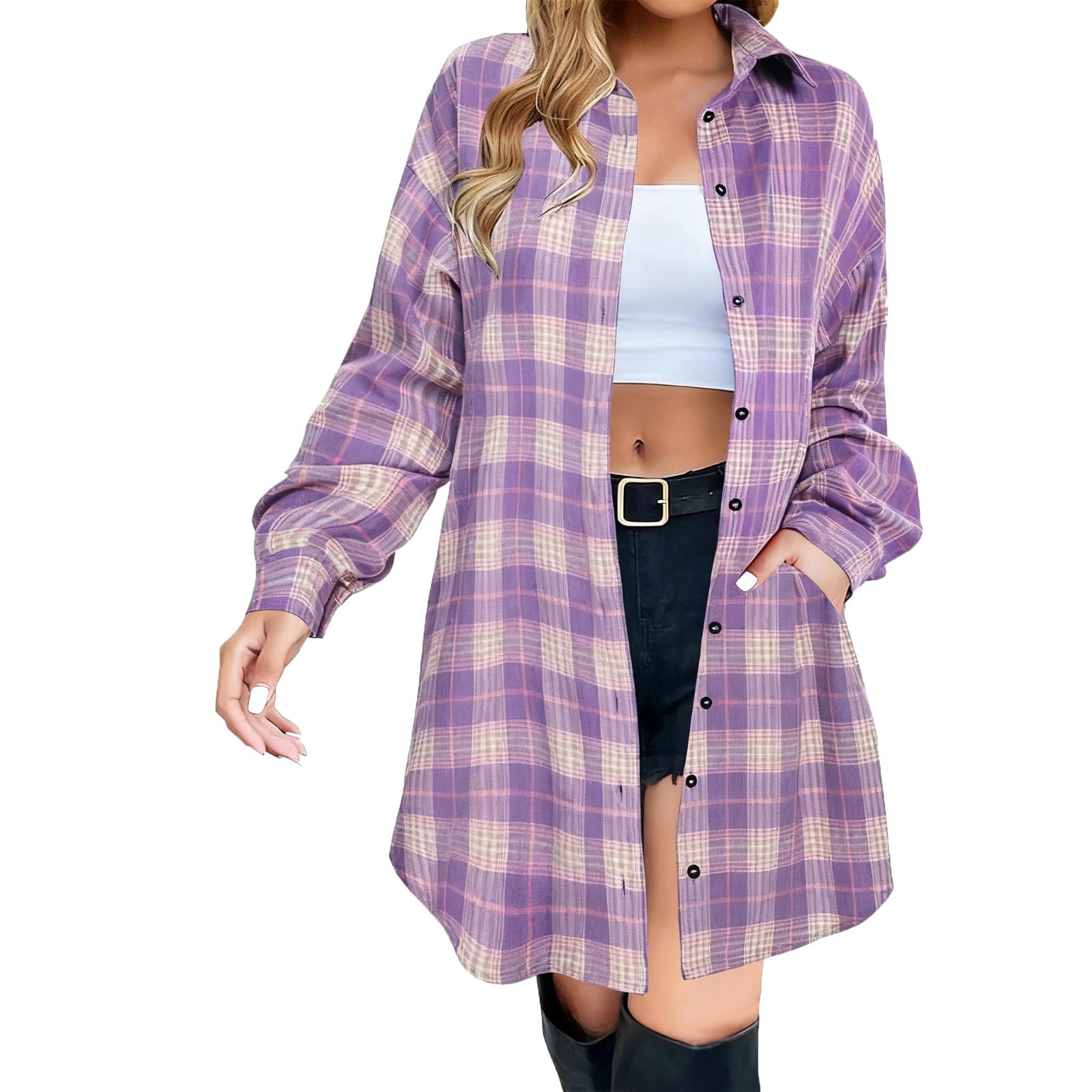

Women s Loose Comfortable Casual Fashion Long Sleeve Plaid Print Mid-Length Blouse Shirt M