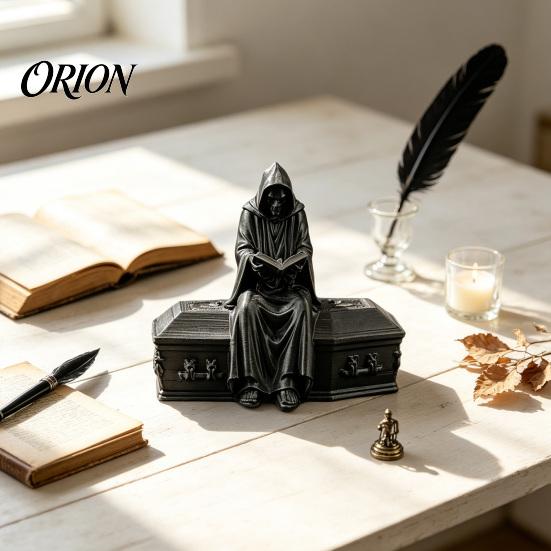 Gothic Home Decor 3D Printed Reading Skeleton Figurine, Hooded Reader Statue, Matte Black Ornaments Spooky Desktop Ornament for Office Bookshelf