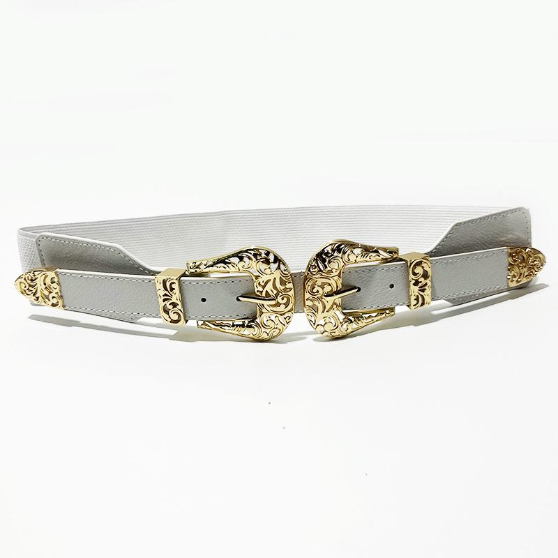 Women's Retro Hollow Double Buckle Elastic Waist Belt - Versatile Fashion Accessory in Black
