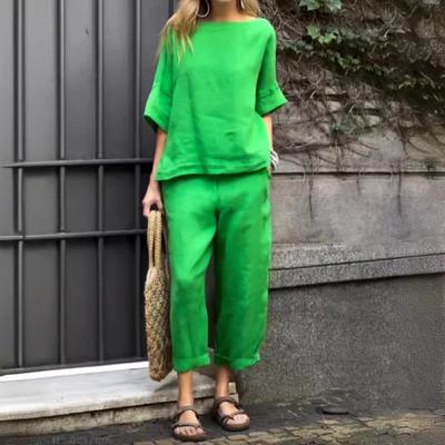 Women's Set Cotton and Linen Spring and Summer Solid Color Casual Mid-sleeve Round Neck Tops and Trousers 2-piece Set