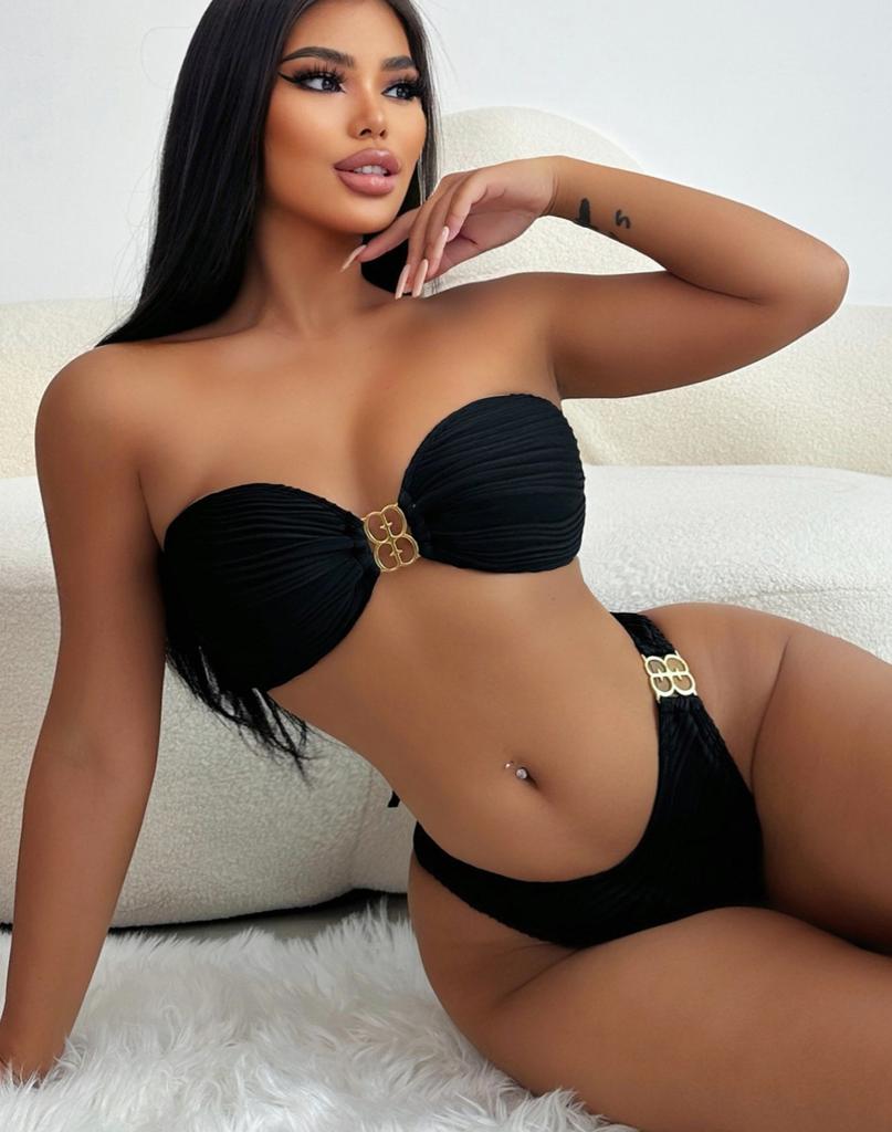 Women's Swimsuit Sexy Black Strapless Back Tied High-waist Bikini Split Swimsuit Beachwear Bathing Suits