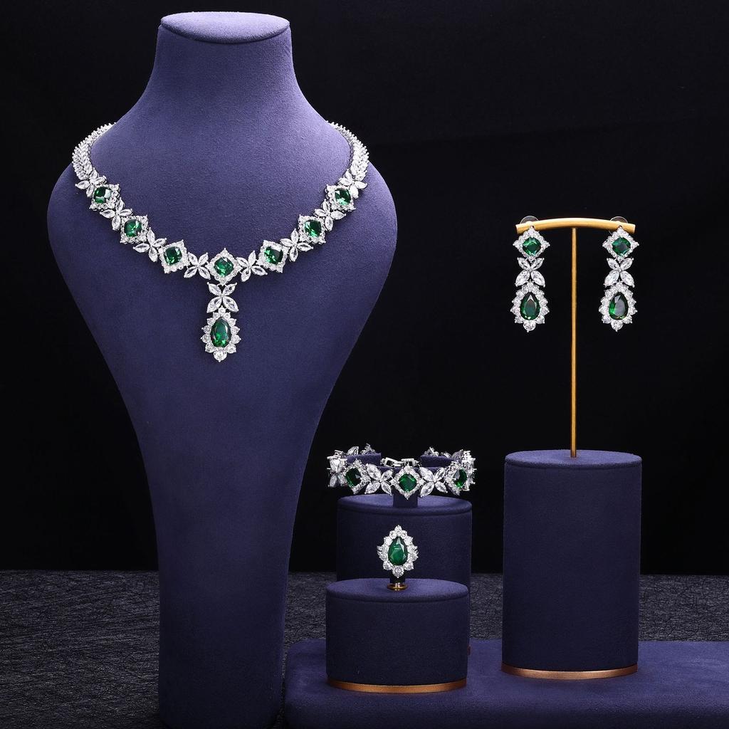 Copper Zircon Necklace Earrings Luxury Sparkle Colored Gemstones Bridal Wedding Dress Party Accessories Bracelet
