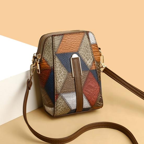 Crossbody Shoulder Bag Vintage Geometric Ladies Phone Bag Patchwork Colorblock Purses Double Layers Detachable Shoulder Strap Lady Purse Commute