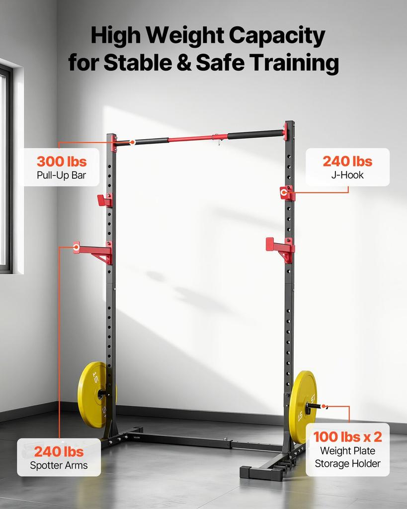 Power Cage Rack, Multifunctional Squat Rack for Home Gym, Width-Adjustable Workout Strength Training Equipment with 6 Band Pegs, Landmine Attachment &