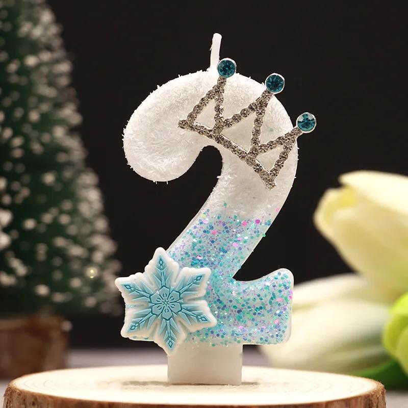 0-9 Birthday Digital Number Candle Cake Snow Crown Cake Topper Baby Shower Decor Birthday Party Supply Blue Crown