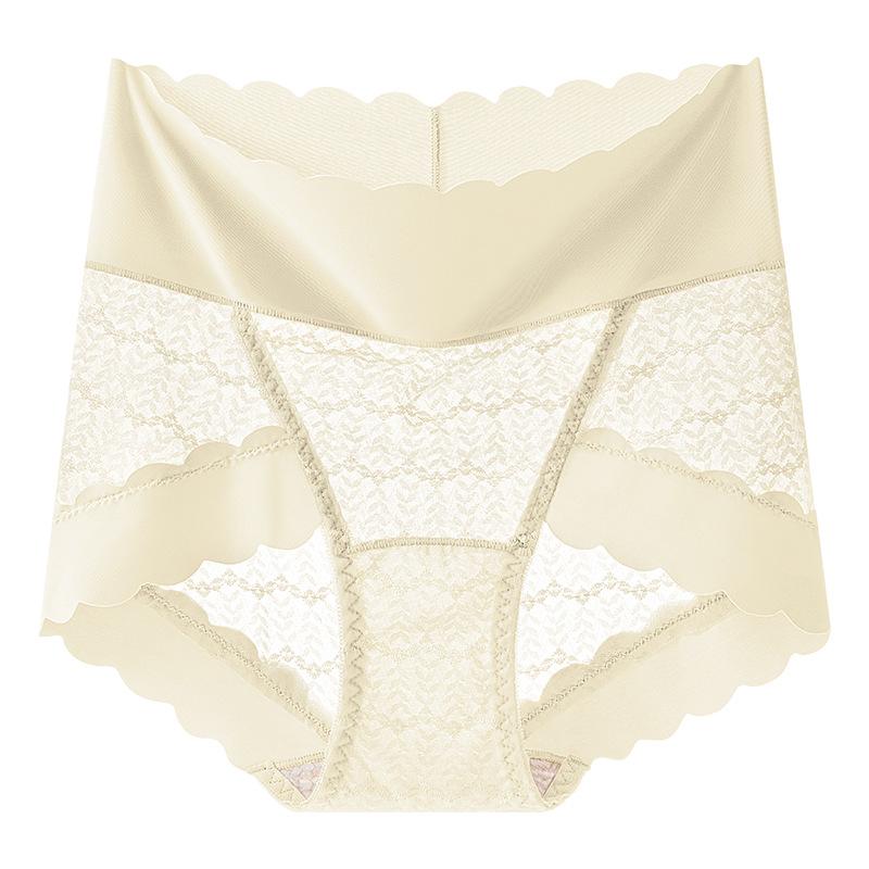 Ladies Spring and Summer Sexy Lace High Waist Belly Not Roll Edge No Mark Mulberry Silk Anti  Antibacterial Briefs