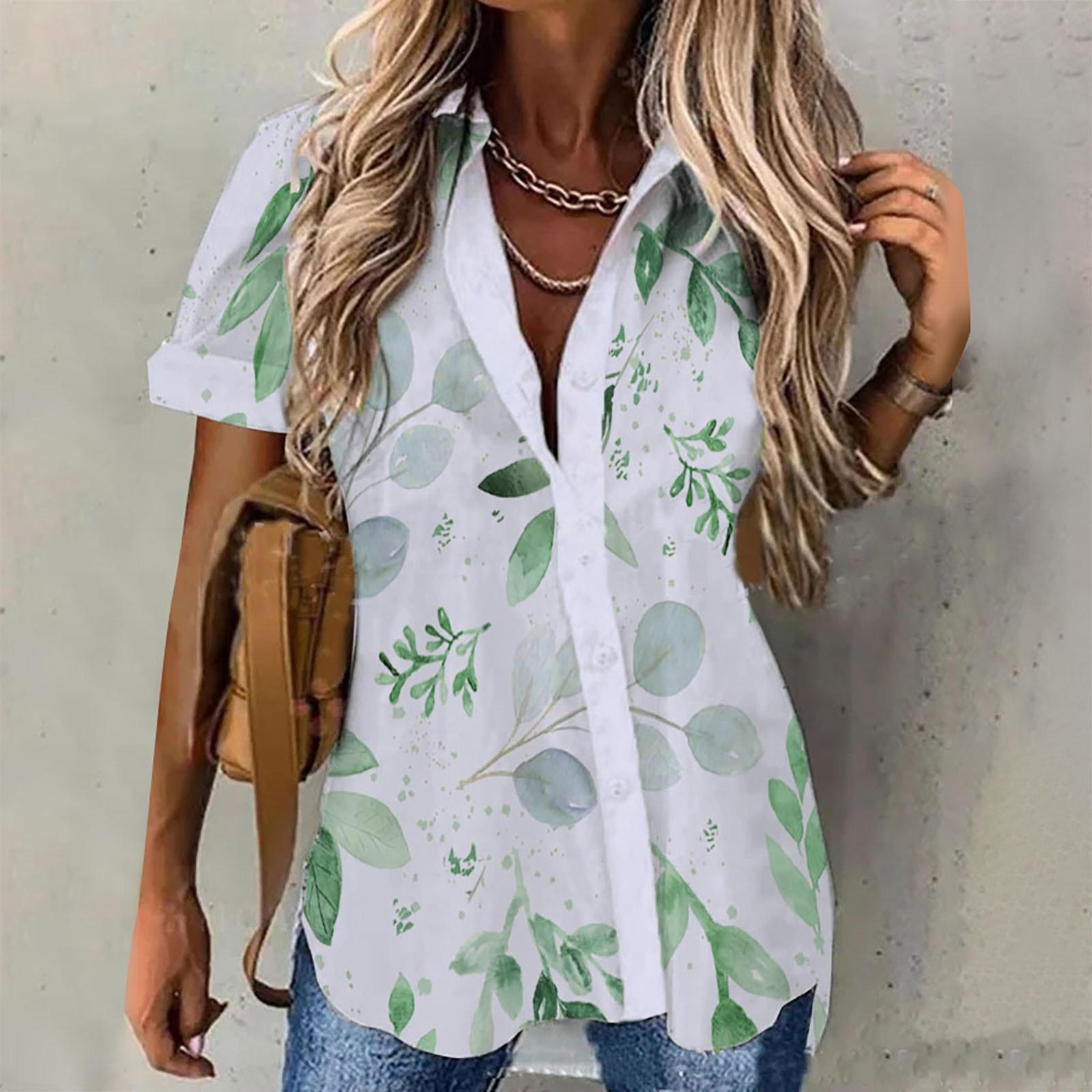 Women s Fashion Casual Summer 2022 Short Sleeve Button Print Tops Blouse XXL зелёный