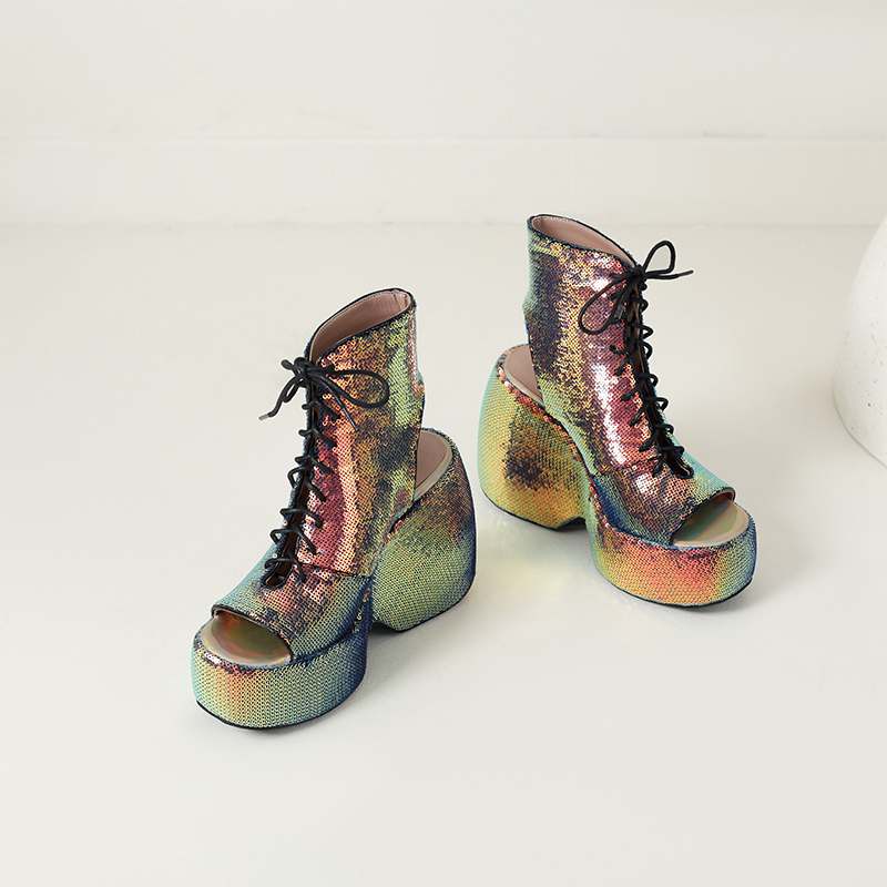 Krazing Pot Sequin Cloth Spring Summer Size 43 Size 42 Women Platform Women Peep Toe Toe Sexy Summer Boots Lace Up Pumps