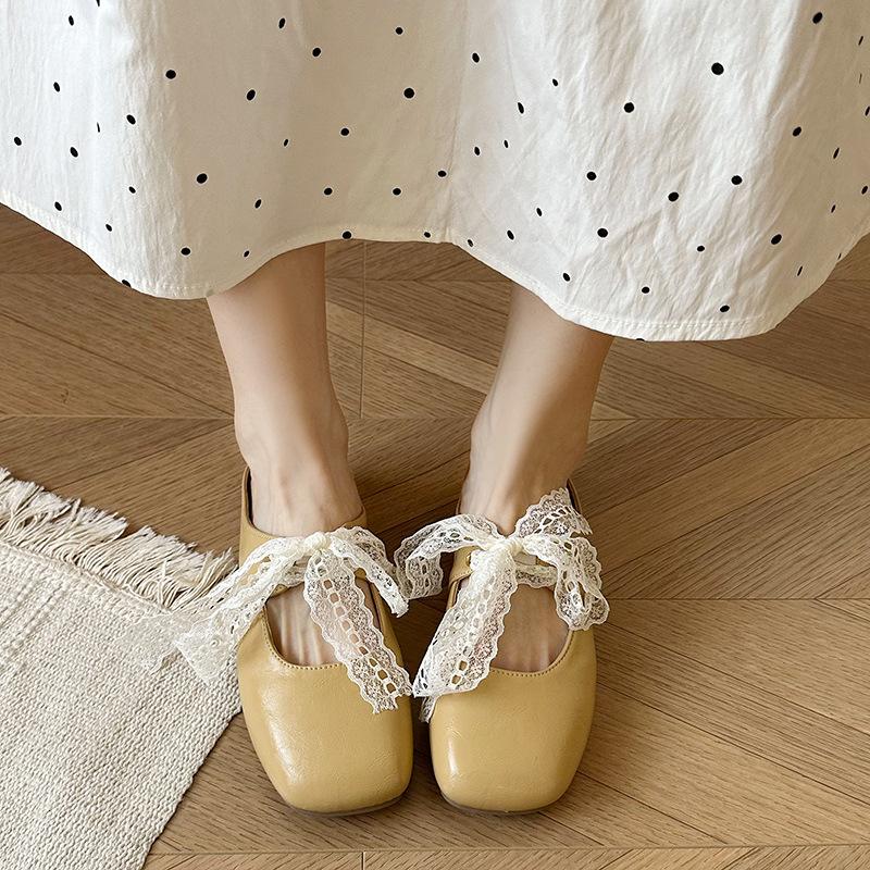 Flat Bottom Gentle Fairy Wind Soft Bottom Bag Head Slippers Female 2025 Summer Square Head French Lace Bow Half Slippers
