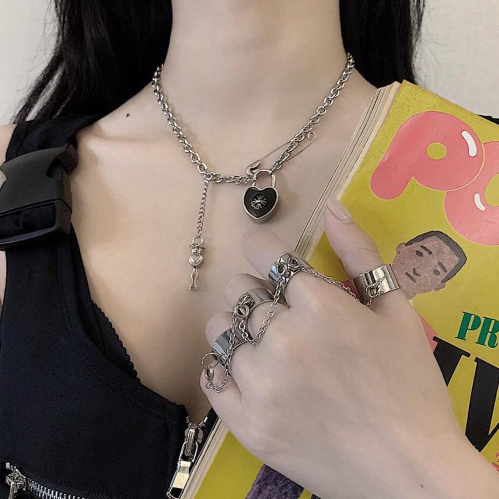 Moda Pundi Combinação de Corrente Punk Anel Aberto Temperamento Anel Simples