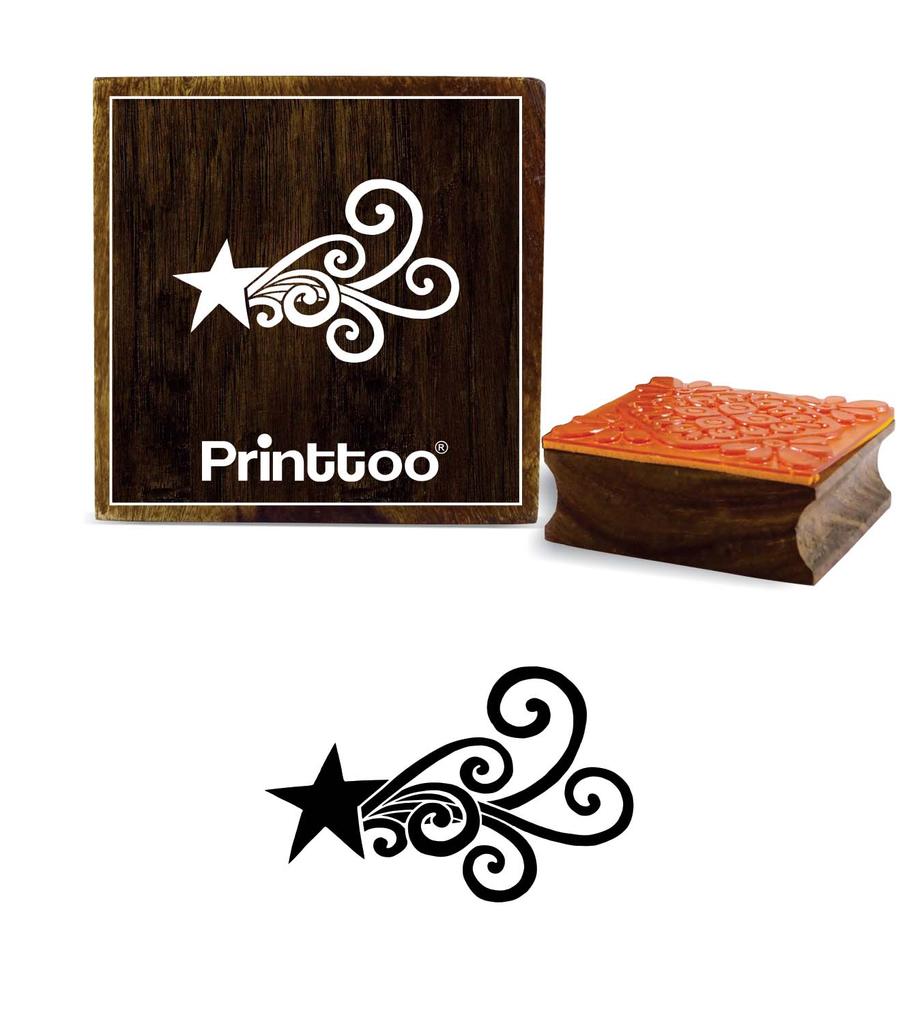 Printtoo Craft Textile Star with Swirls Design Square Wooden Rubber Stamp Block-2 X 2