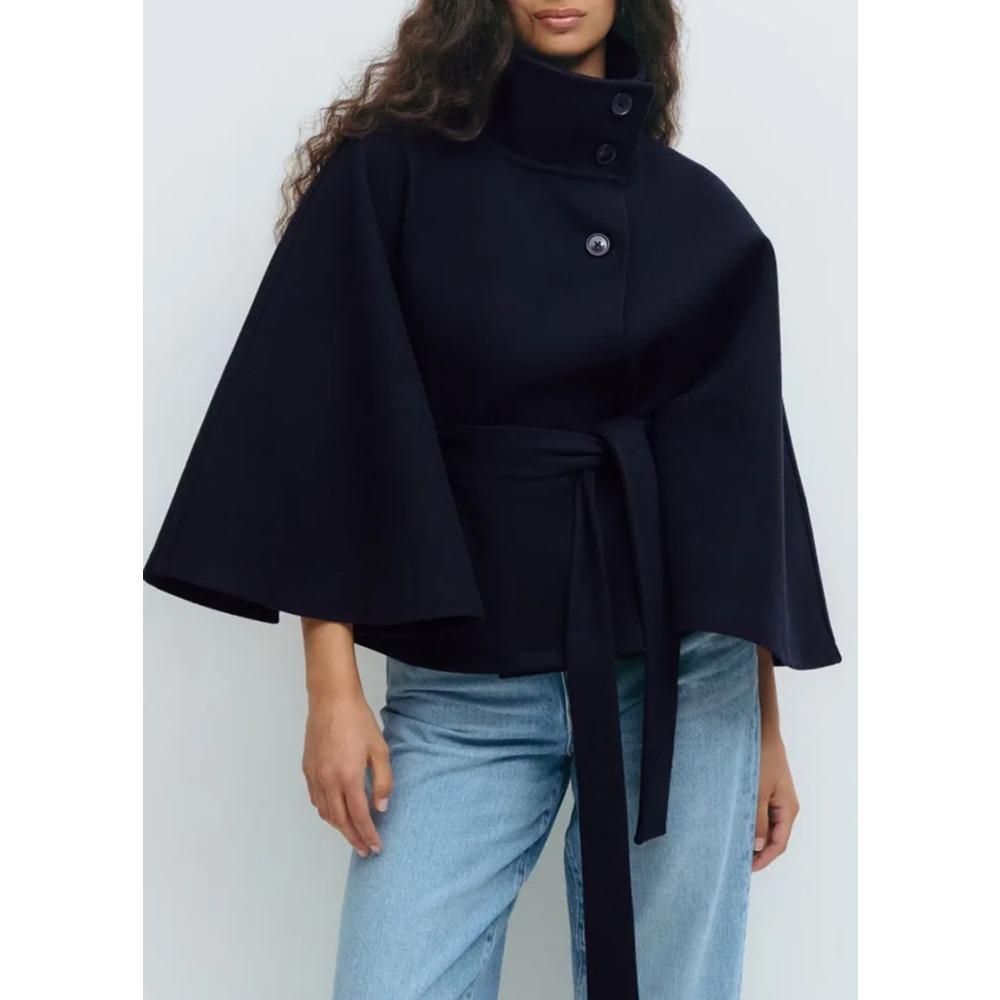 Fashion Solid Women's Lace Up Cape Coats Loose Stand Collar Batwing Sleeve Button Leisure Jackets