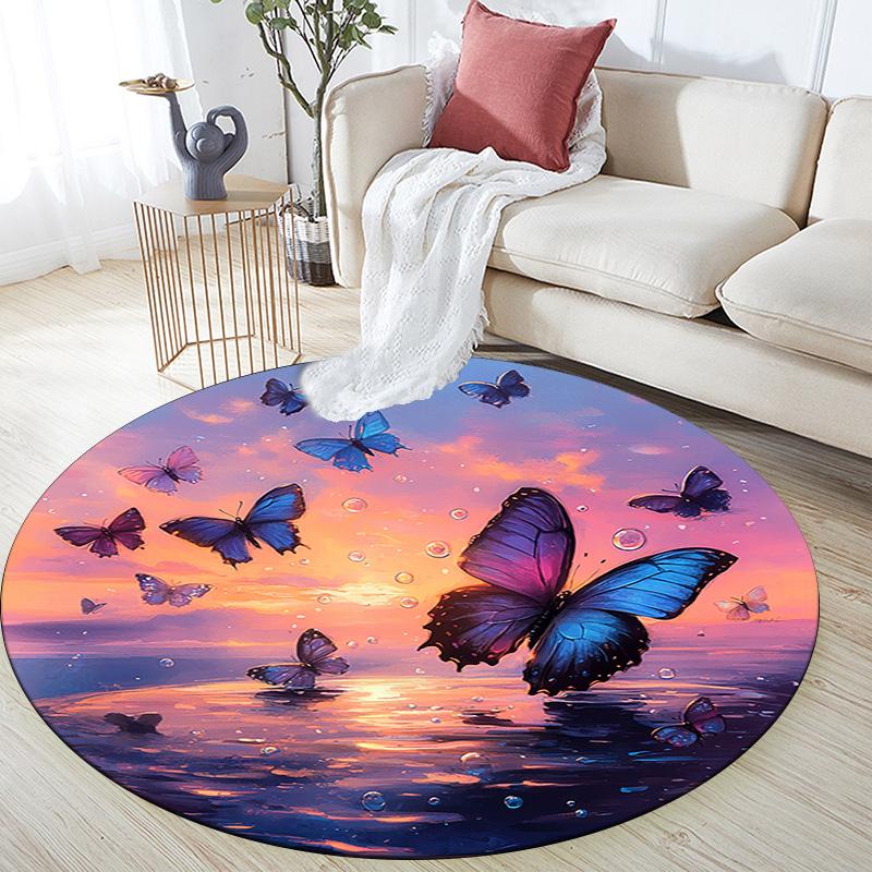Butterflies Sunset Round Area Rug,Carpet Rug for Living Room Bedroom Sofa Playroom Decor,Non-slip Floor Mat