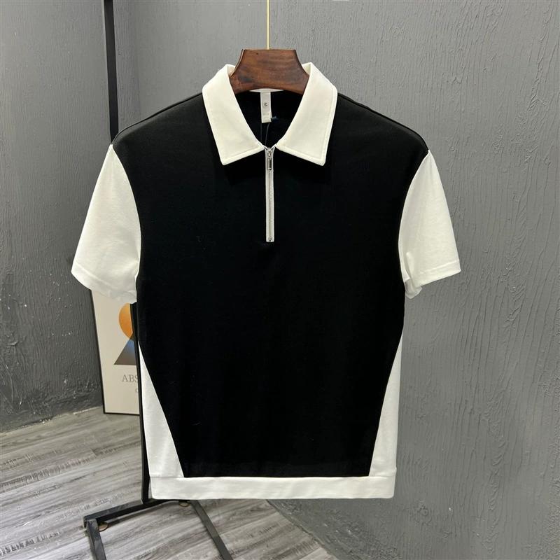 Light Mature Style Summer Men's Fashion Half Zipper Polo Shirt Short Sleeved Slightly Wide Casual Color Blocked Half Sleeved T-shirt Trendy