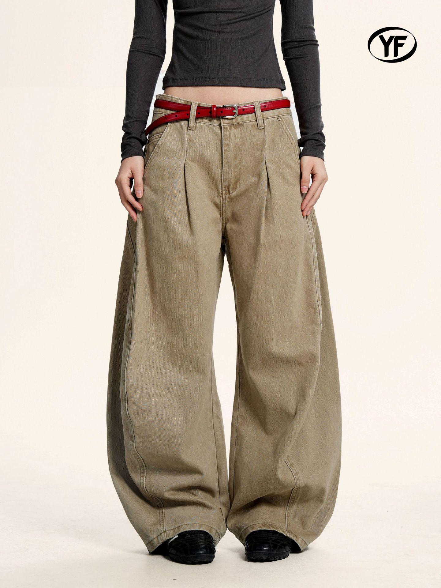 

Yongfang Retro Curved Blade Work Pants: Unisex, Loose Cleanfit, Pleated Design, Trendy Casual Silhouette. S хаки