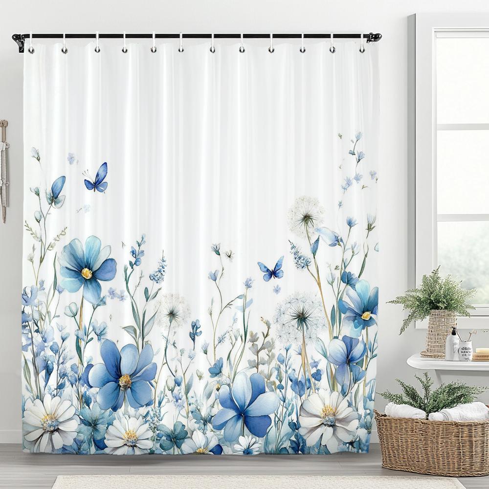 1PC Blue Flowers and Butterflies Shower Curtain,  Floral and Leaf Bathroom Decorative Curtain,Polyester Home Curtain with Hooks