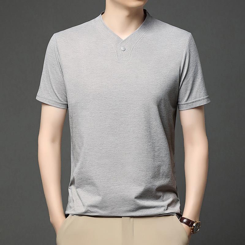 Men's Casual and Fashionable One Button V Neck Solid Color Short Sleeved T Shirt Summer Versatile