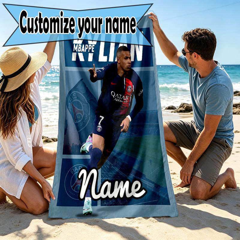 Personalisierbares Strandtuch mit Kylian Mbappe Aufdruck und individuellem Namen, für Reise Camping Strandparty Heimdekoration, Geburtstagsgeschenk für Familie & Freunde