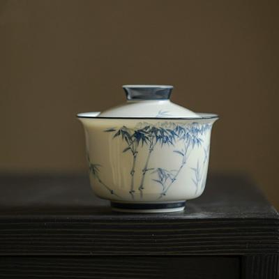 120ml Hand-painted Bamboo Gaiwan High White Porcelain Blue and White Chinese Small Tea Bowl