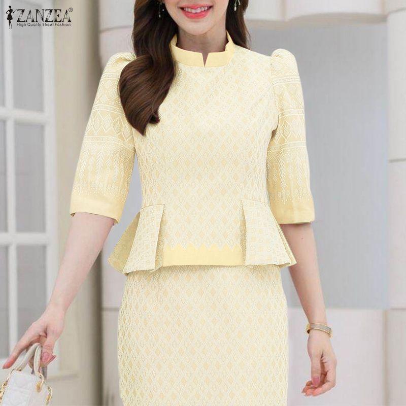 ZANZEA Women Casual Stand Collar Loose Half Sleeve Print Blouse
