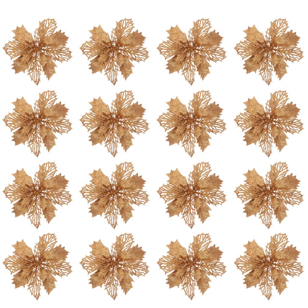 10pcs Christmas Glitter Poinsettia Flowers Tree naments Flower Artificial Decoration Tree nament Xmas Party Supplies