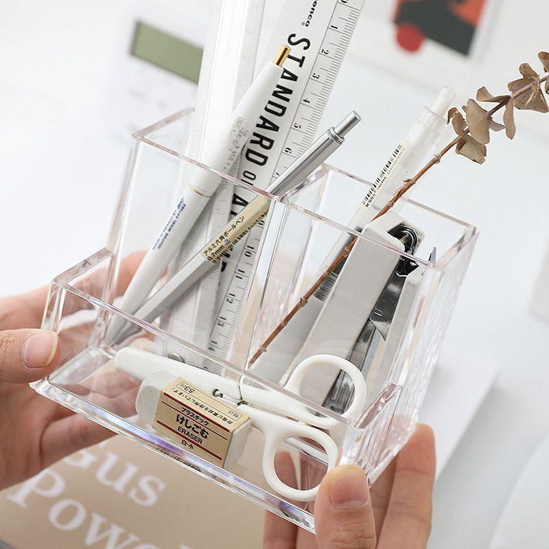 Transparent Three Grids Makeup Box Make Up Brush Bucket Cosmetic Organizer Student Desk Pen Container Storage Box