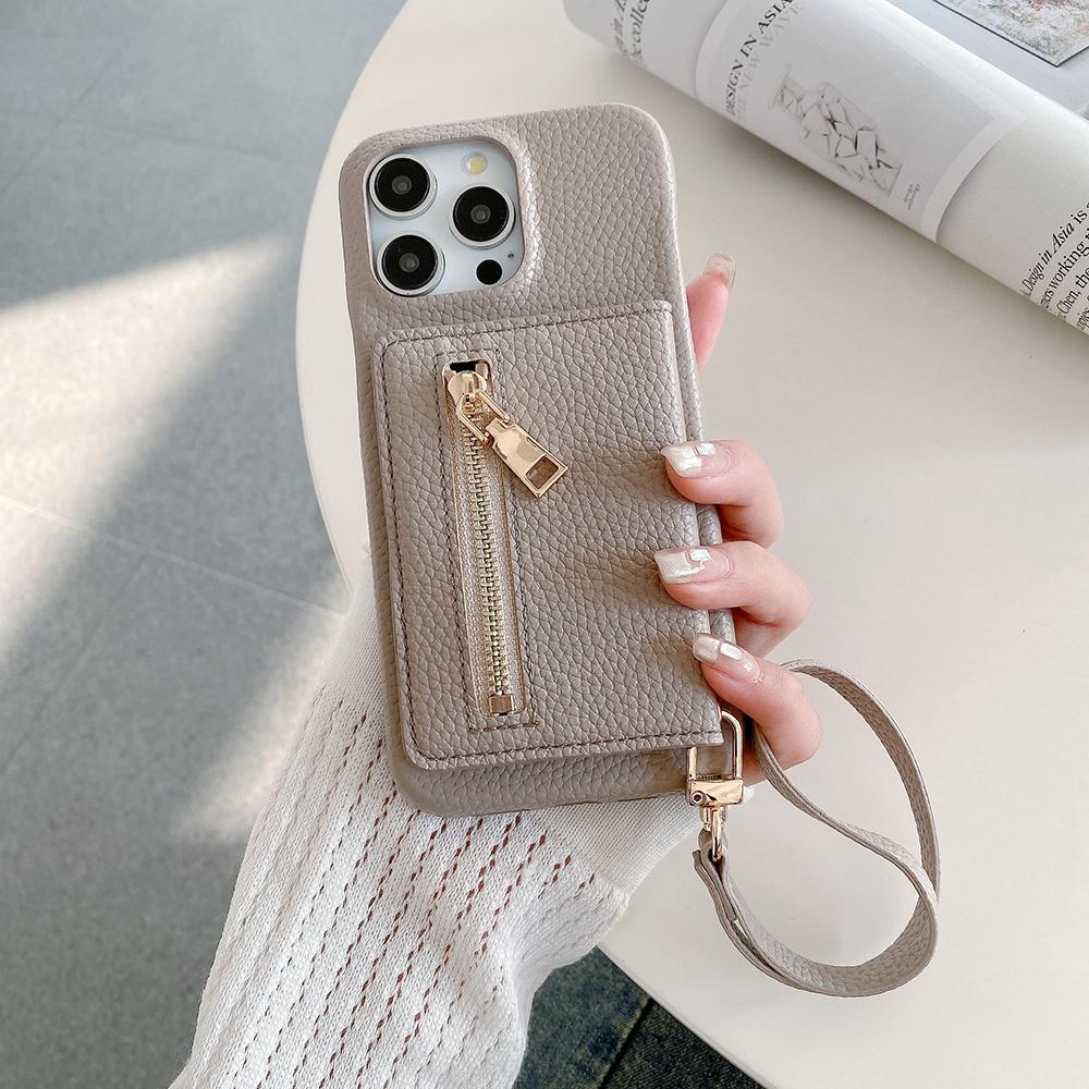 For iPhone 15 Pro Case Card Slots Kickstand PU Leather Back Cover with Zipper Pocket,Wrist Strap
