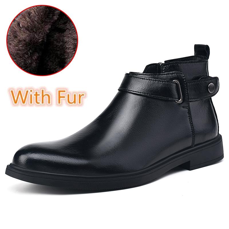 Fashion Genuine Leather Men Chelsea Boots New Warm Plush Fur Winter Boots Soft Elastic Strap Ankle Boots Man Formal Business Dress Shoes