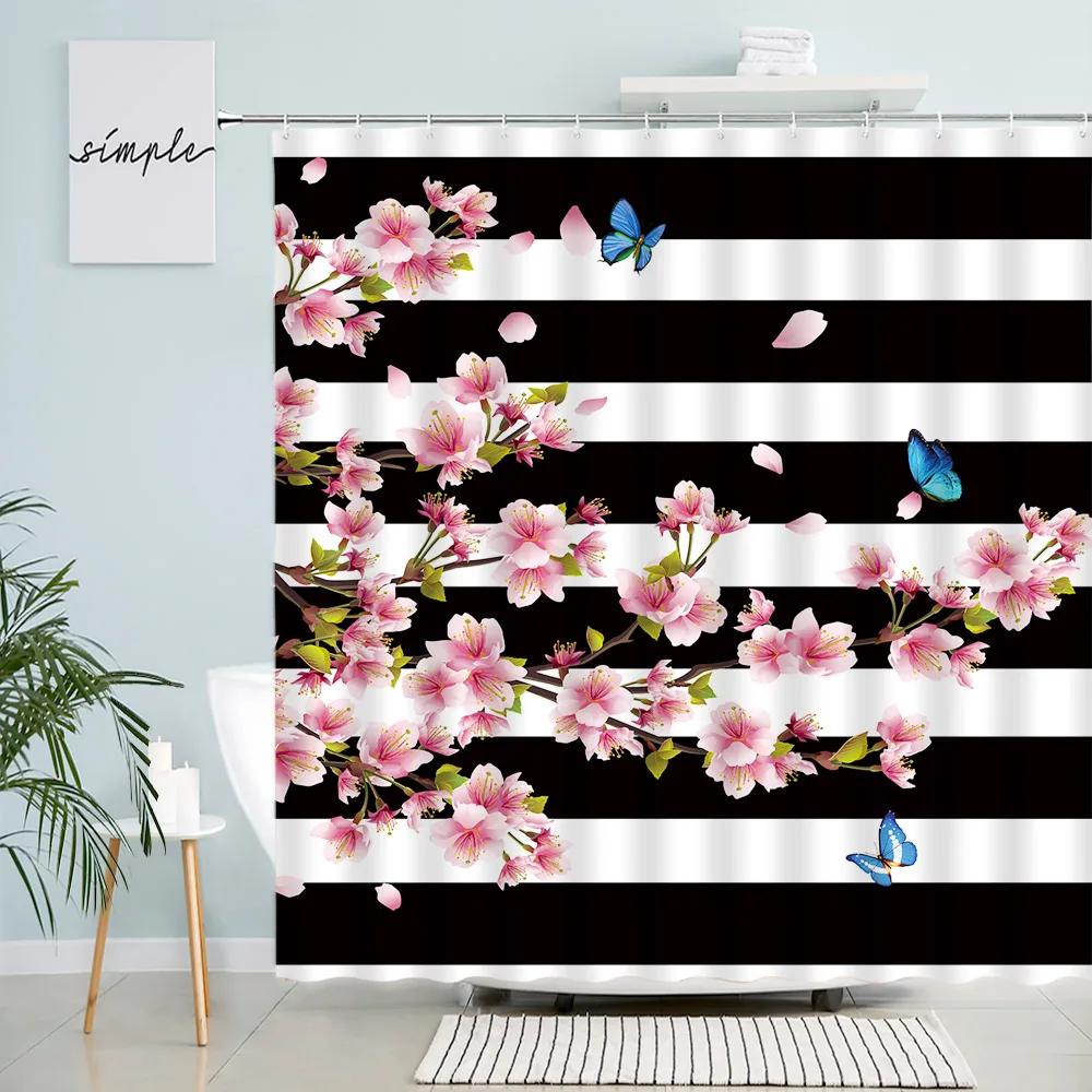 Boho Floral Shower Curtain, Hawaii Tropical Leaves Flower Bath Curtain Botanical Nature Summer Bathroom Decor Curtain with Hooks