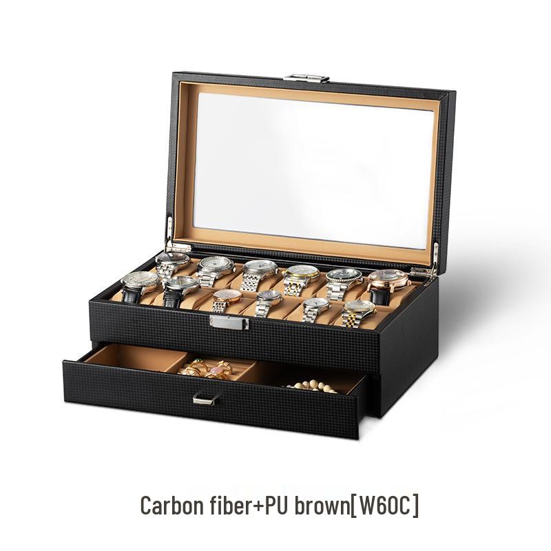 Double Layer Carbon Fiber PU Watch & Jewelry Display Box