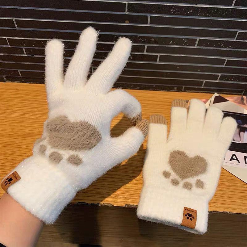 Winter Cat Paw Gloves Warm Mittens Fashion Mobile Phone Touchscreen Knitted Gloves Thick Women Soft Fluffy Full Fingers Gloves