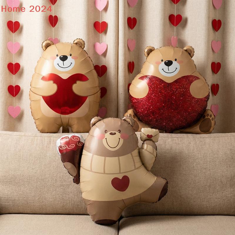 3Pcs Foil Balloons Engagement Anniversary Props Heart Shaped Bear Balloons Cartoon Standing Bear Valentine'S Day Decoration