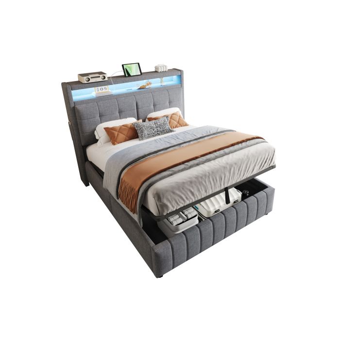 Lit - MUVOE - 140x200 cm - Rembourré en lin gris - Éclairage LED - Prise USB