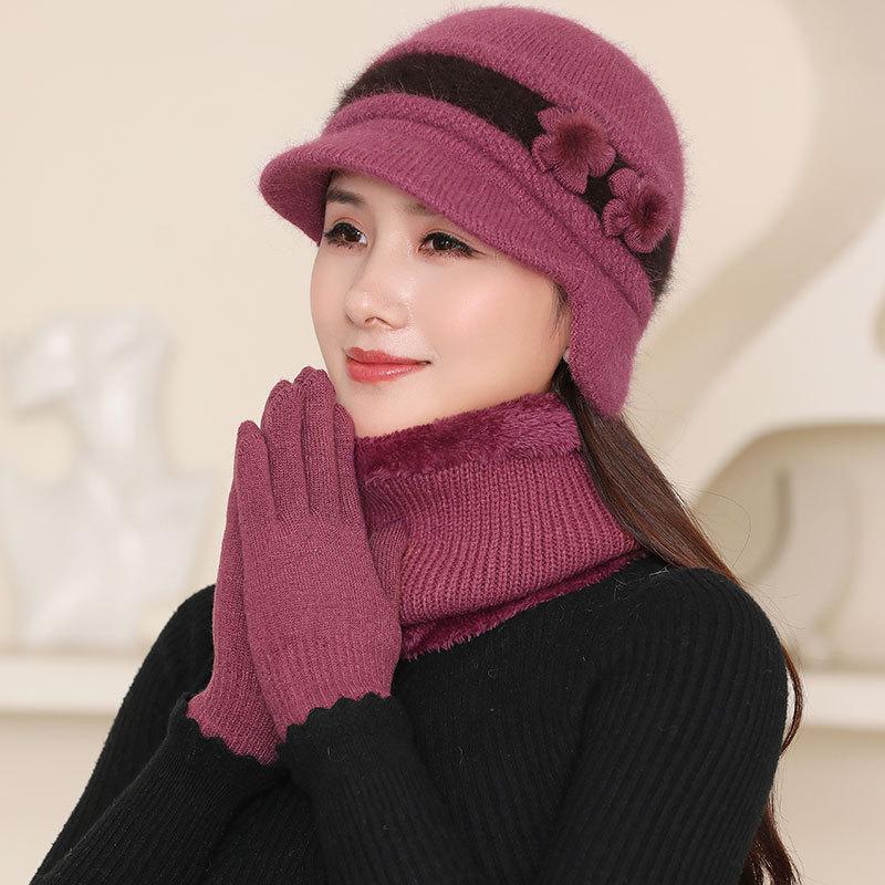 Ladies rabbit fur knitted thermal cap in the elderly grandmother fleece cold wool ear hat fashion mother