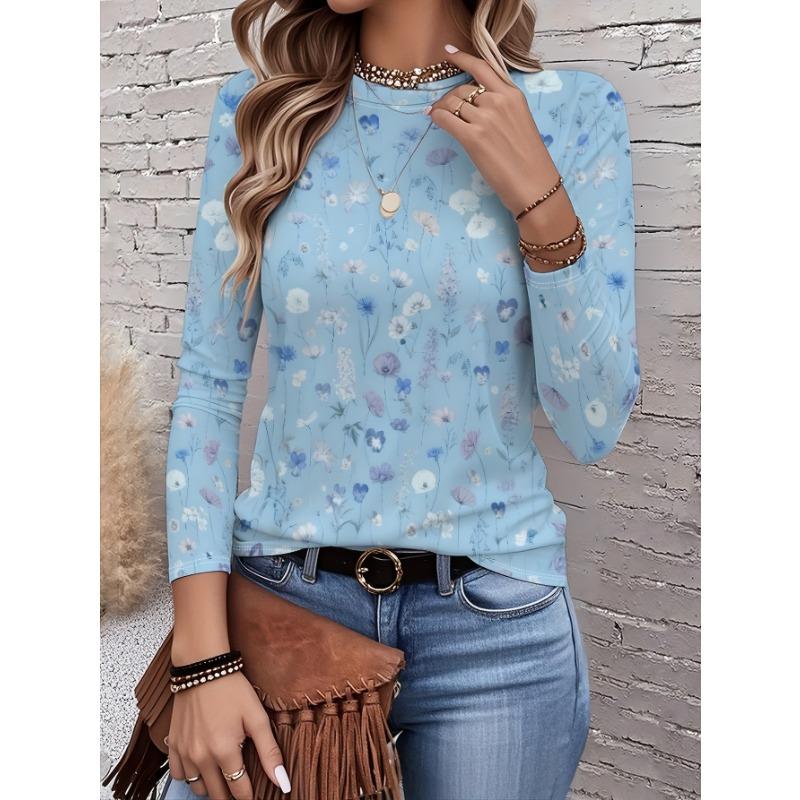 Women's long-sleeved T-shirt for autumn, small floral print, casual street style, round neck pullover, loose fit outdoor T-shirt