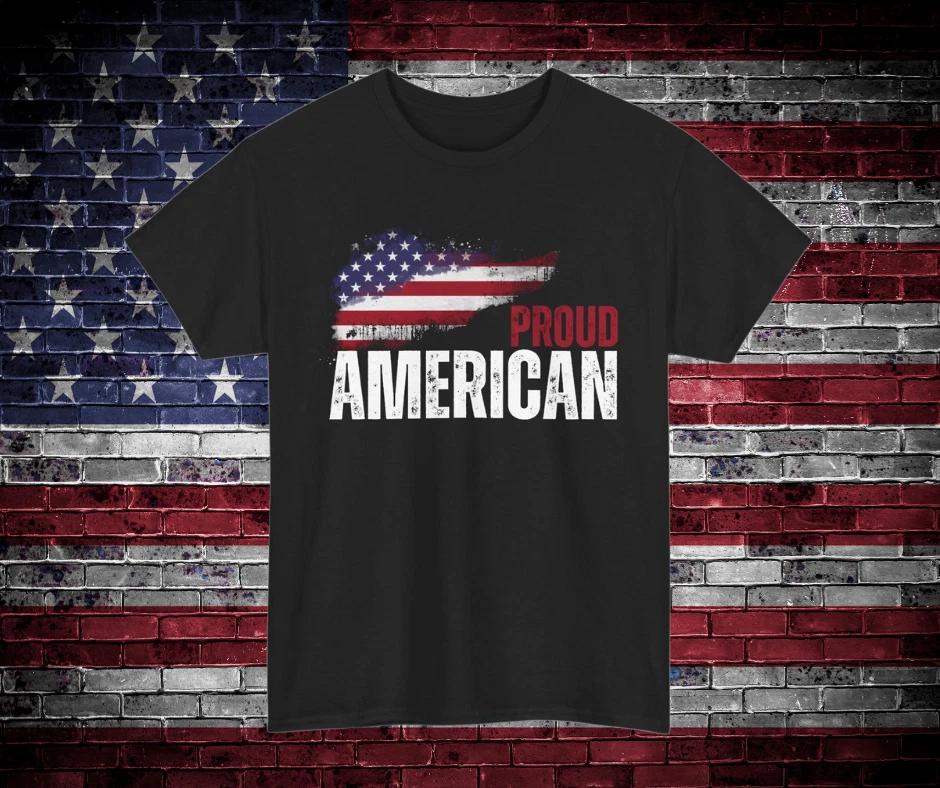 Proud American T-Shirt | Unisex Summer Tee, Patriotic Gift (White Text) XL