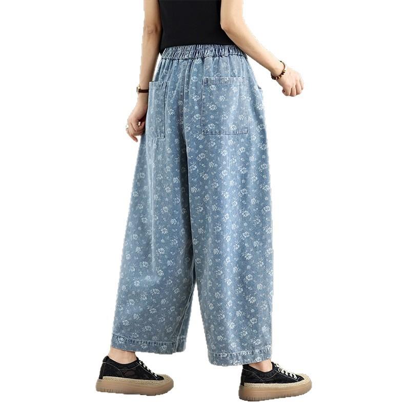 2025 summer new retro new Chinese personalized printed denim wide-leg pants women's loose large size nine-point casual pants