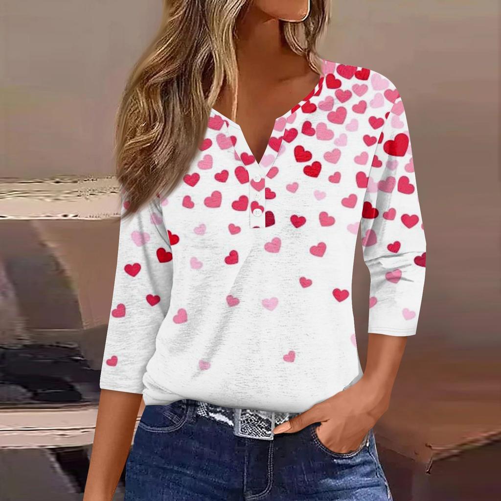 Women's T Shirt Tee Print Button  3/4 SleeveDaily Weekend Fashion Basic V- Neck Regular Top
