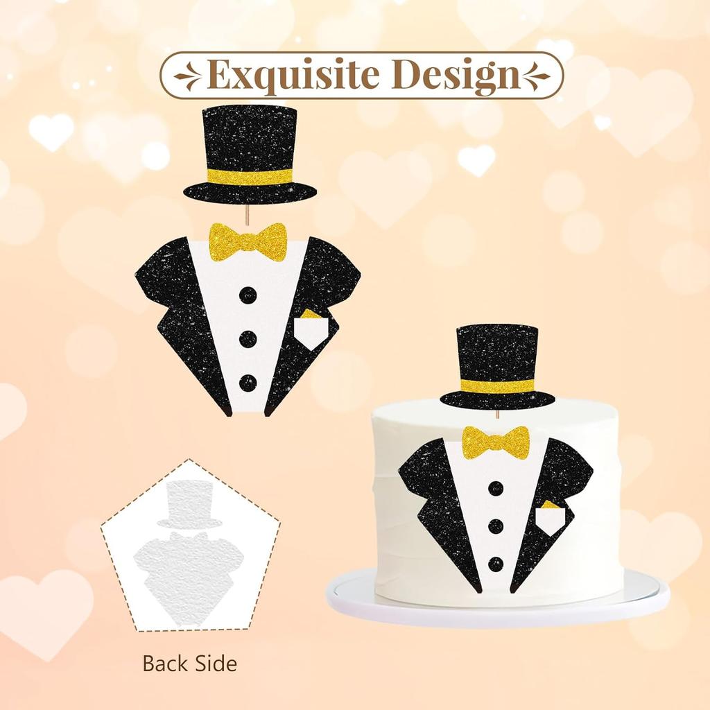 Little Man Cake Topper, Little Boss Cake Decor, Black&Gold Glitter Tuxedo Suit Bow Tie Cake Topper Set for Boy Baby Shower, Welcome Baby/Boy Men