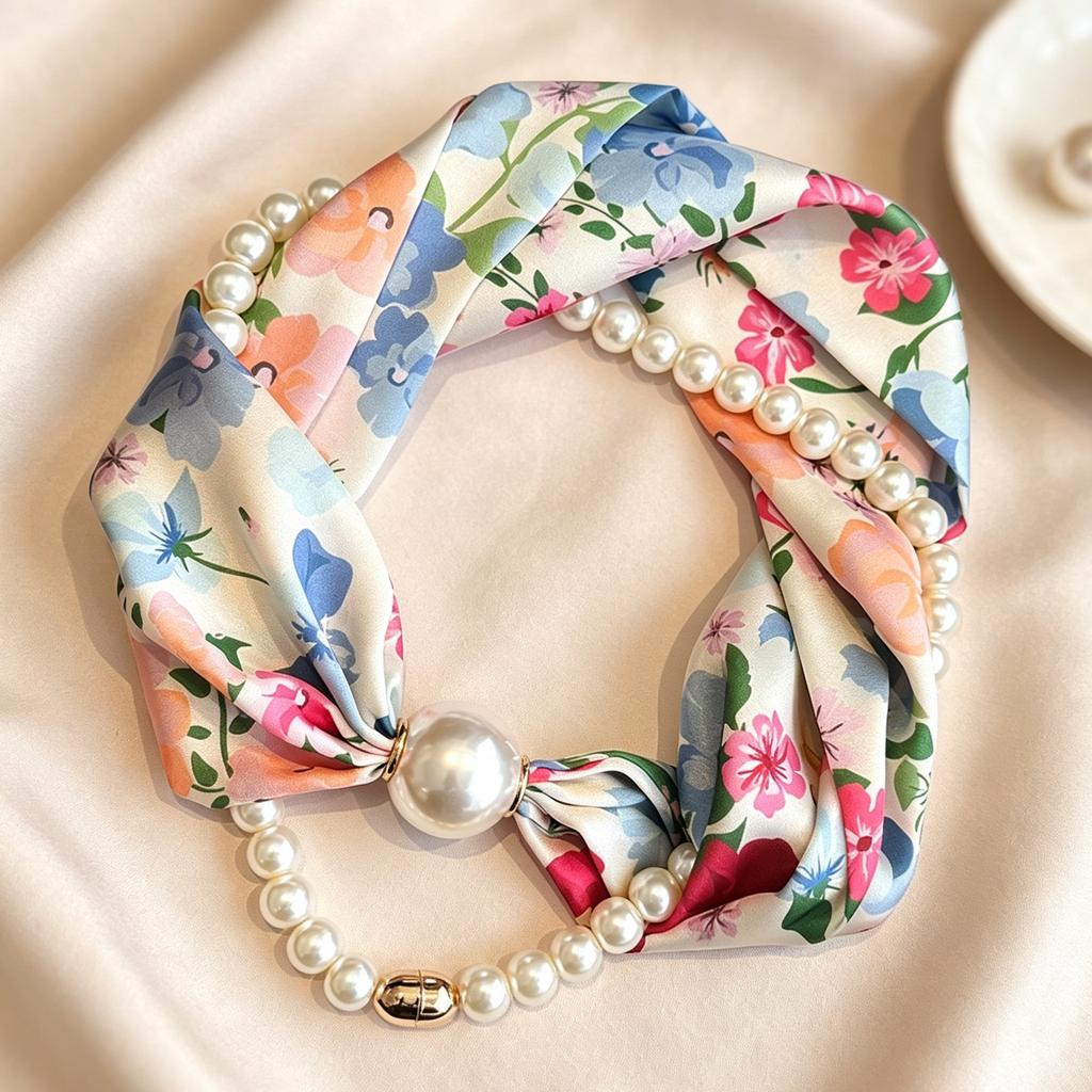 Premium magnetic buckle pearl silk scarf necklace retro flower small scarf Internet celebrities free small scarf