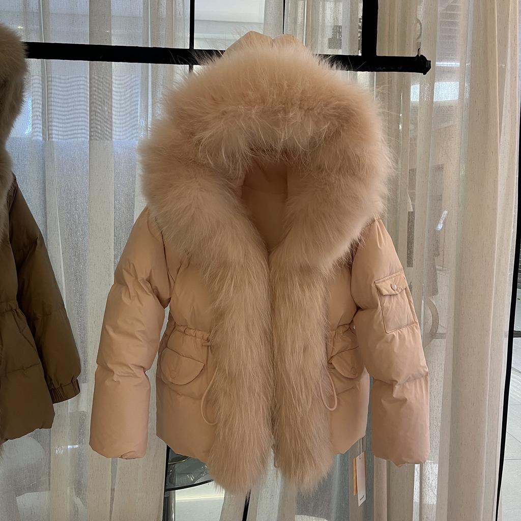 European Station Winter New Raccoon Big Fur Collar Hooded Down Jacket Women's Short Thickened Warm Waist Jacket
