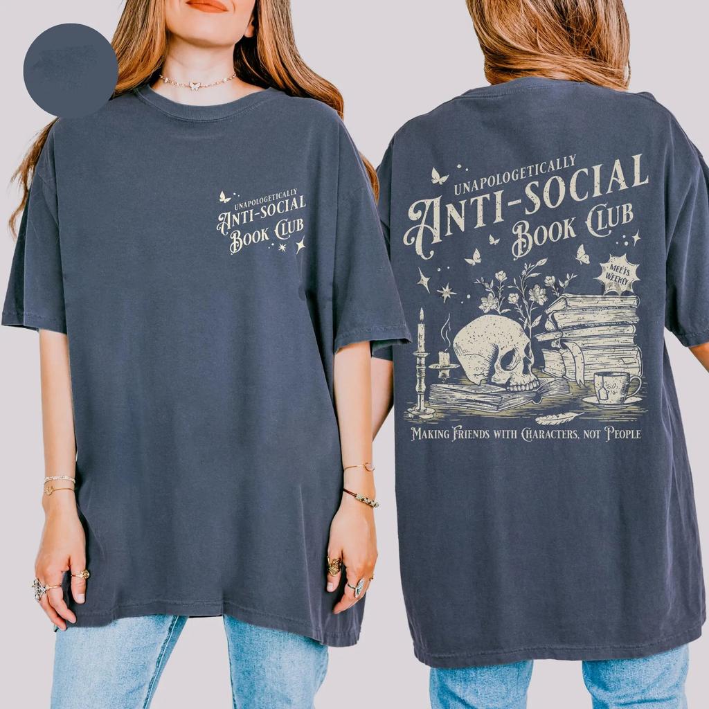 Vintage Antisocial Book Club 2 Sided Comfort TShirt for Introverted RoUnisexce Reader Distressed Tee Trendy Casual Streetwear