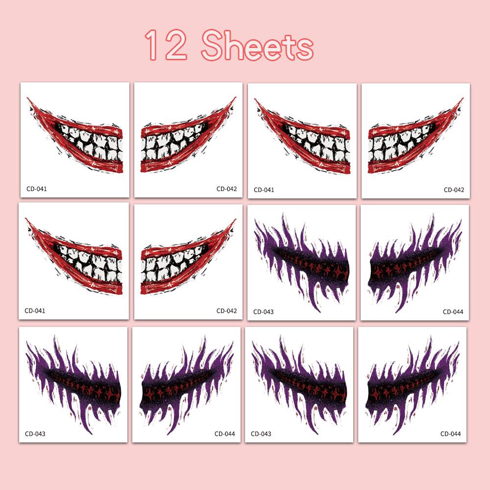 

12 листов временных татуировок на Хэллоуин для женщин, ужасный дизайн с большим ртом, наклейки на лицо, водостойкий макияж для вечеринки, арт-тату