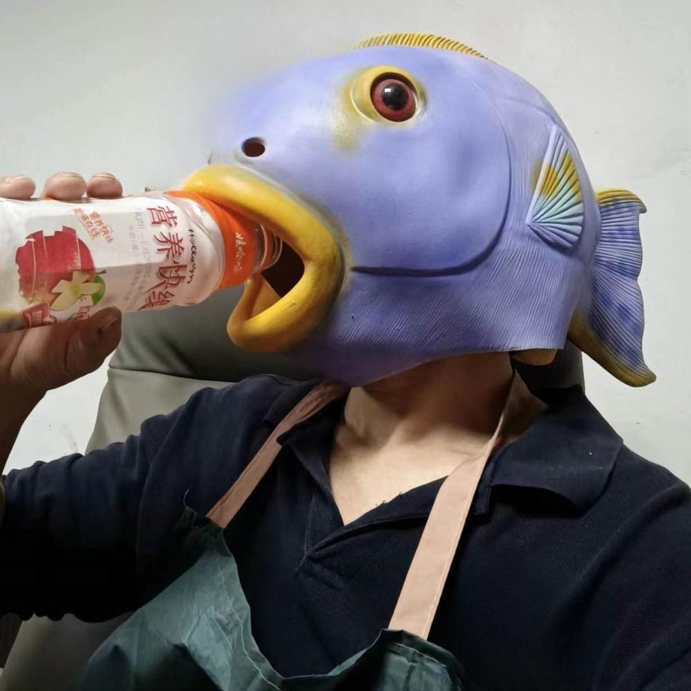 Maschera per Feste di Halloween Animale Carino Testa di Pesce in Lattice Copricapo Pesce Tropicale Accessori Divertenti
